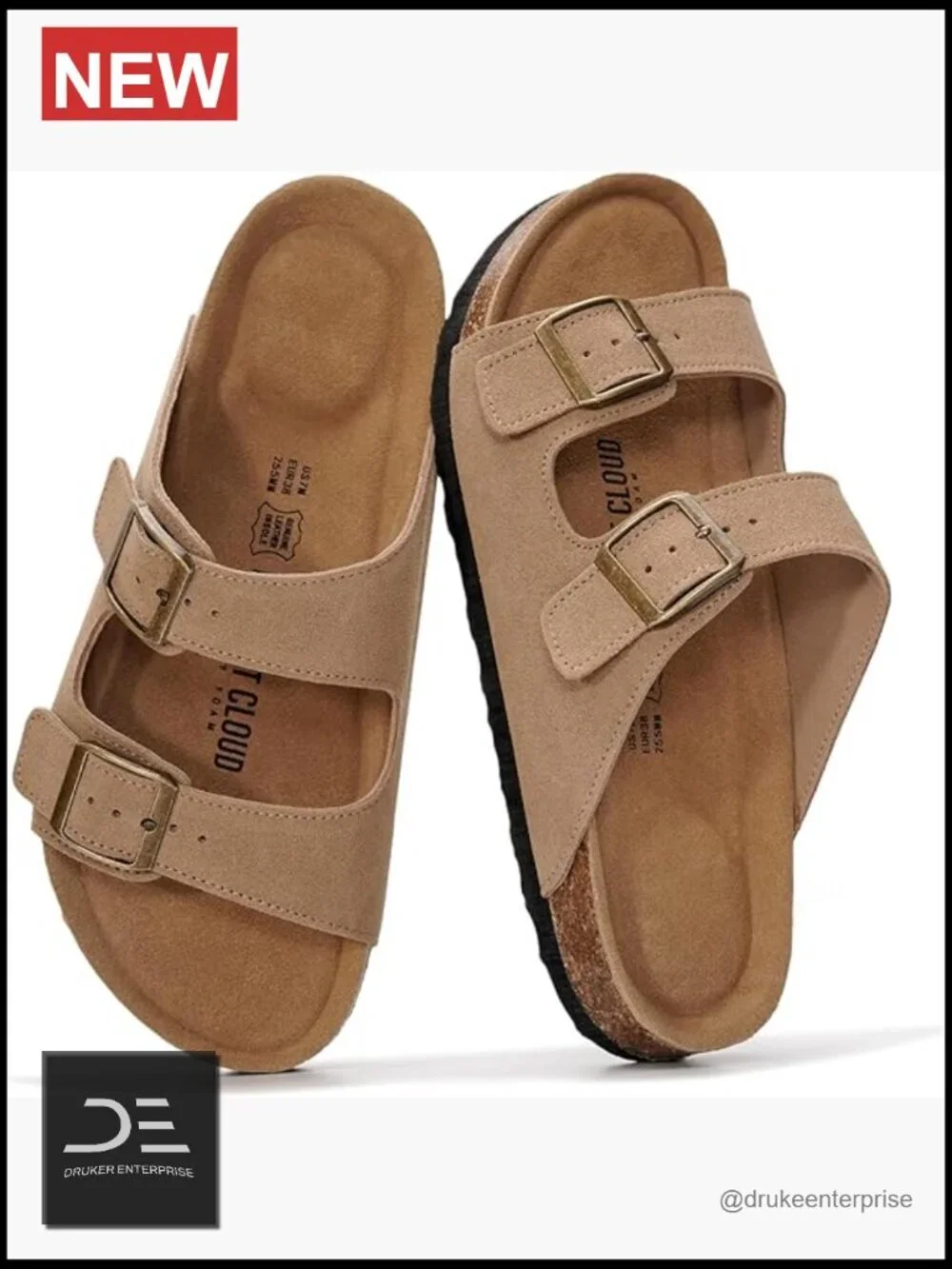 Genuine Leather Slide Sandals with Memory Foam Cork Footbed Arch Support